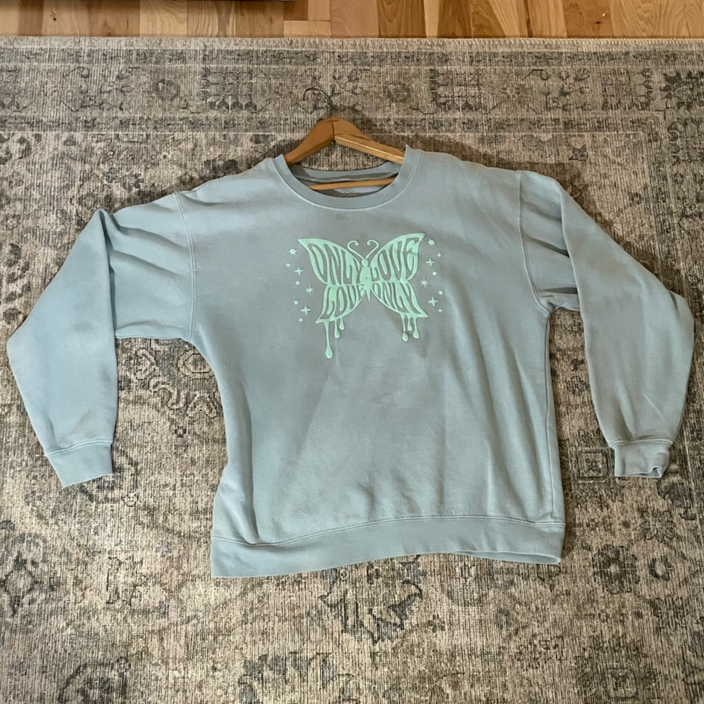 PACSUN NWOT Teal Crewneck Sweater With Butterfly Letter Detail Size M